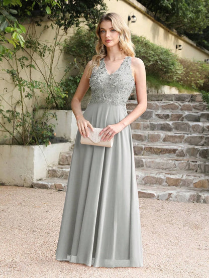 BABYONLINE V-Neckline Lace Pearls Beadings Stones Bodice Prom Dress Sexy Open Back Chiffon A-line Skirt Formal Formal Ball Gown