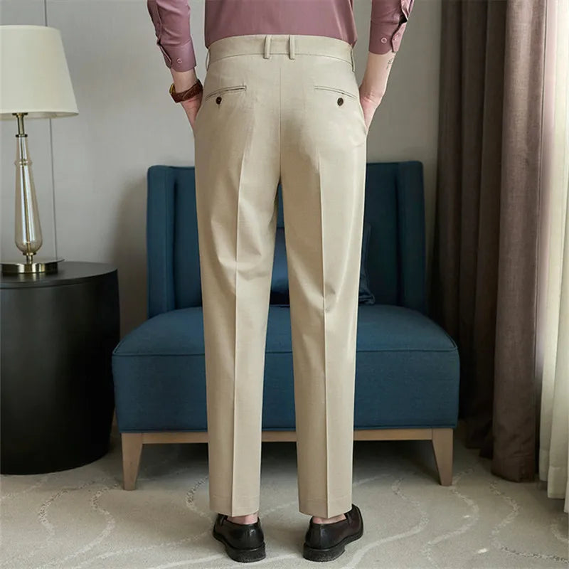 Spring Summer Korean Style Suit Pants Men Solid Color Slim Fit Smart Casual Suit Trousers Mens Youthful Vitality Full Length