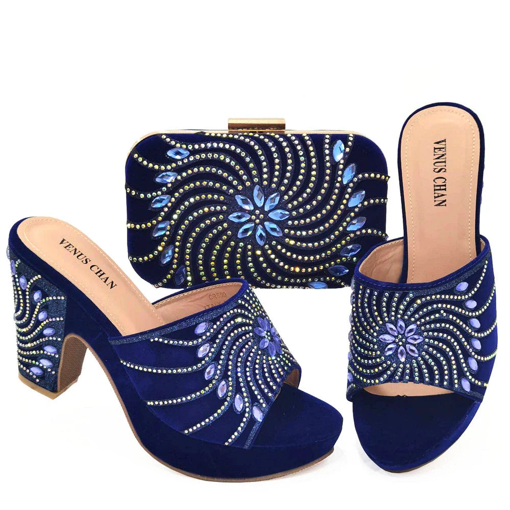 Women's Shoes High Heels Sexy Ladies Party Wedding Pattern Embroidery Mules Shoes and Bags Set for Italian