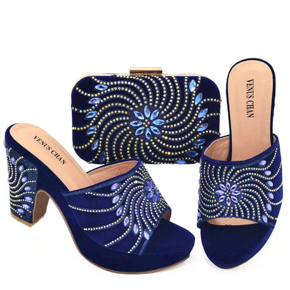 Women's Shoes High Heels Sexy Ladies Party Wedding Pattern Embroidery Mules Shoes and Bags Set for Italian