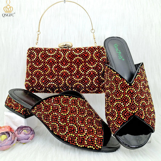 Casual Shoes For Low-Heeled Shoes With Rhinestone Decoration Wine Color African Mother Shoes & Bag