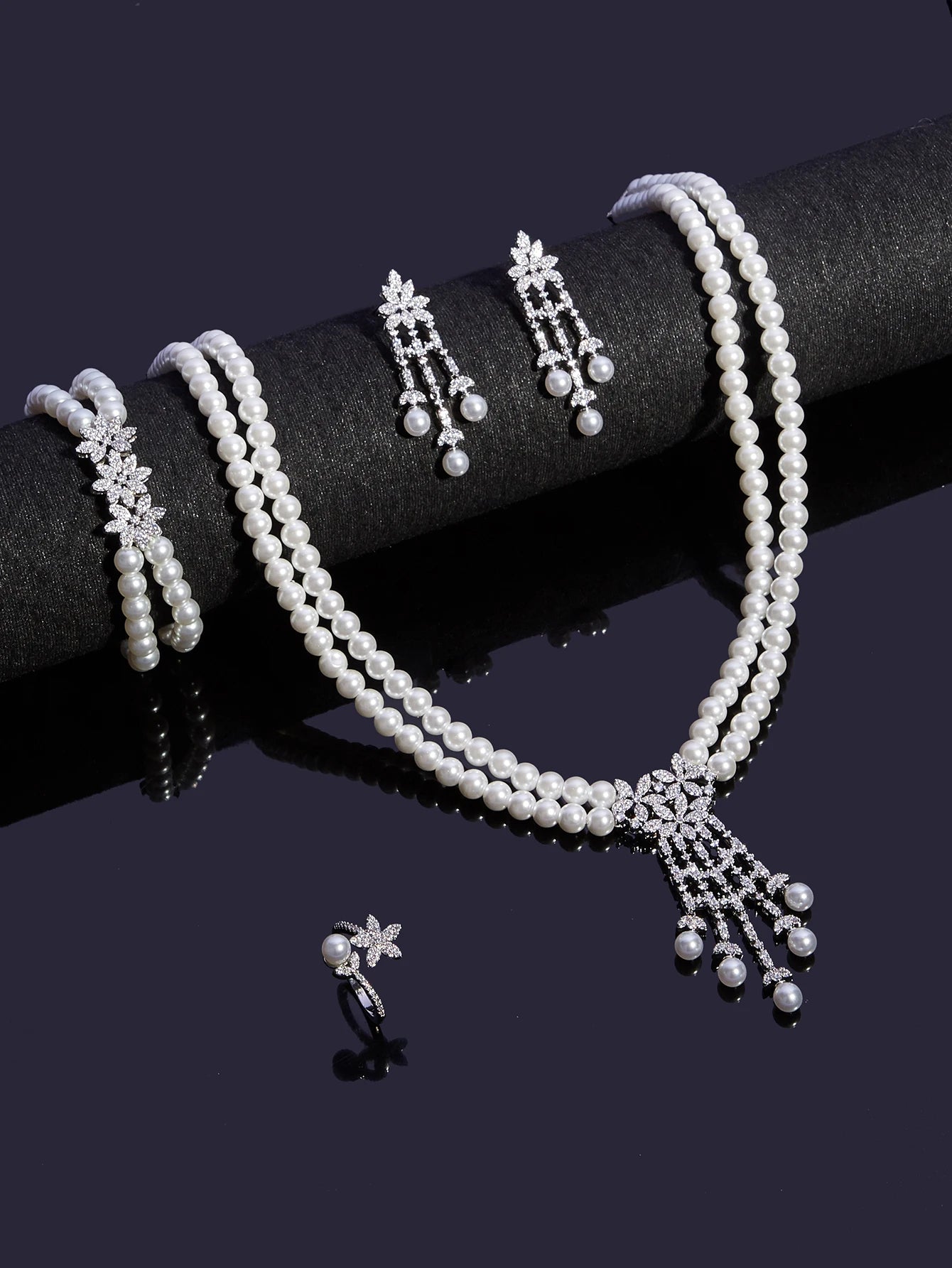 Trendy Pearl Tassel Necklace 4PCS Jewelry Set For Women Wedding Party Full Zircon Dubai Bridal Jewelry Set Gift