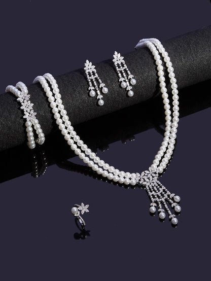 Trendy Pearl Tassel Necklace 4PCS Jewelry Set For Women Wedding Party Full Zircon Dubai Bridal Jewelry Set Gift