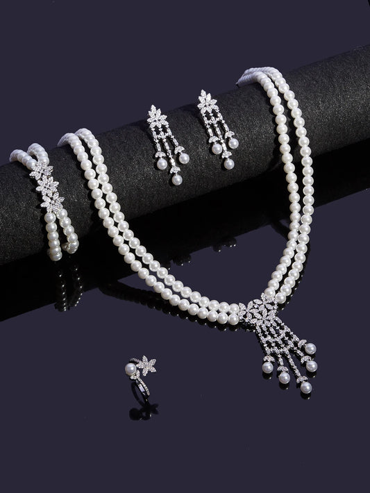 Trendy Pearl Tassel Necklace 4PCS Jewelry Set For Women Wedding Party Full Zircon Dubai Bridal Jewelry Set Gift