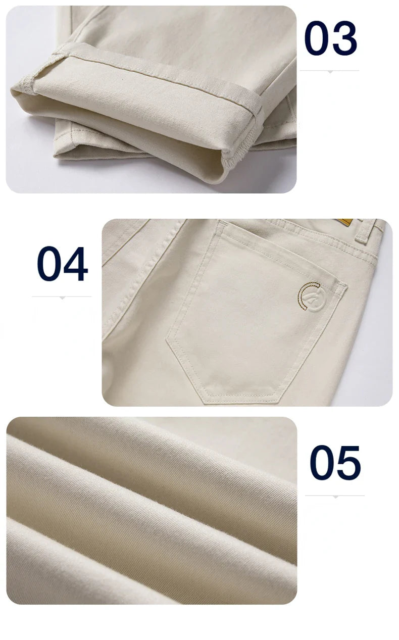 2024 New Men's Khaki White Cotton Stretch Slim Smart Jeans Casual Straight Business Fashion Beige Brand Denim Trousers