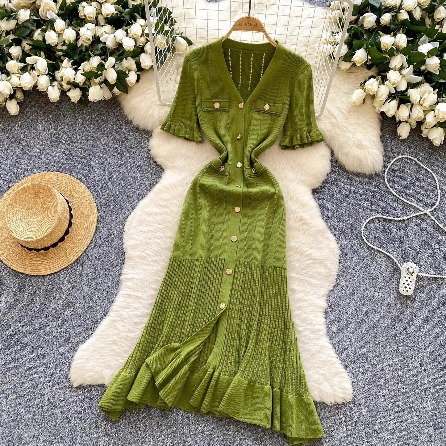 Fashion Vintage Knitted Long Dress Spring Summer Women Elegant V-neck Ruffled Bodycon Sweater Dress Party Vestido