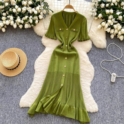 Fashion Vintage Knitted Long Dress Spring Summer Women Elegant V-neck Ruffled Bodycon Sweater Dress Party Vestido