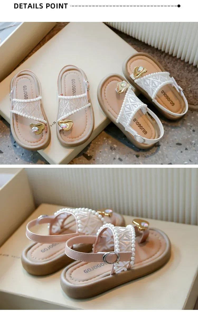 2025 Summer New Children Princess Pearl Cool Slippers for Girl Anti Slip Beach Sandals Toe Covering Casual Versatile Style Flats