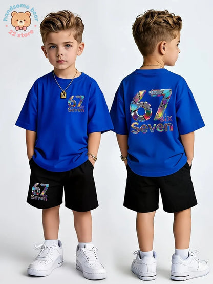 Boys Sets 67 Funny Print Kids T-Shirt Shorts Pant Set Casual Italian Brainrot Summer Top Suit for Funny Gift Children's Clothing