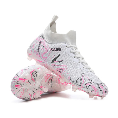 High-top football boots with long FG studs and TF studs,suitable for both men and women,featuring breathable and non-slip design