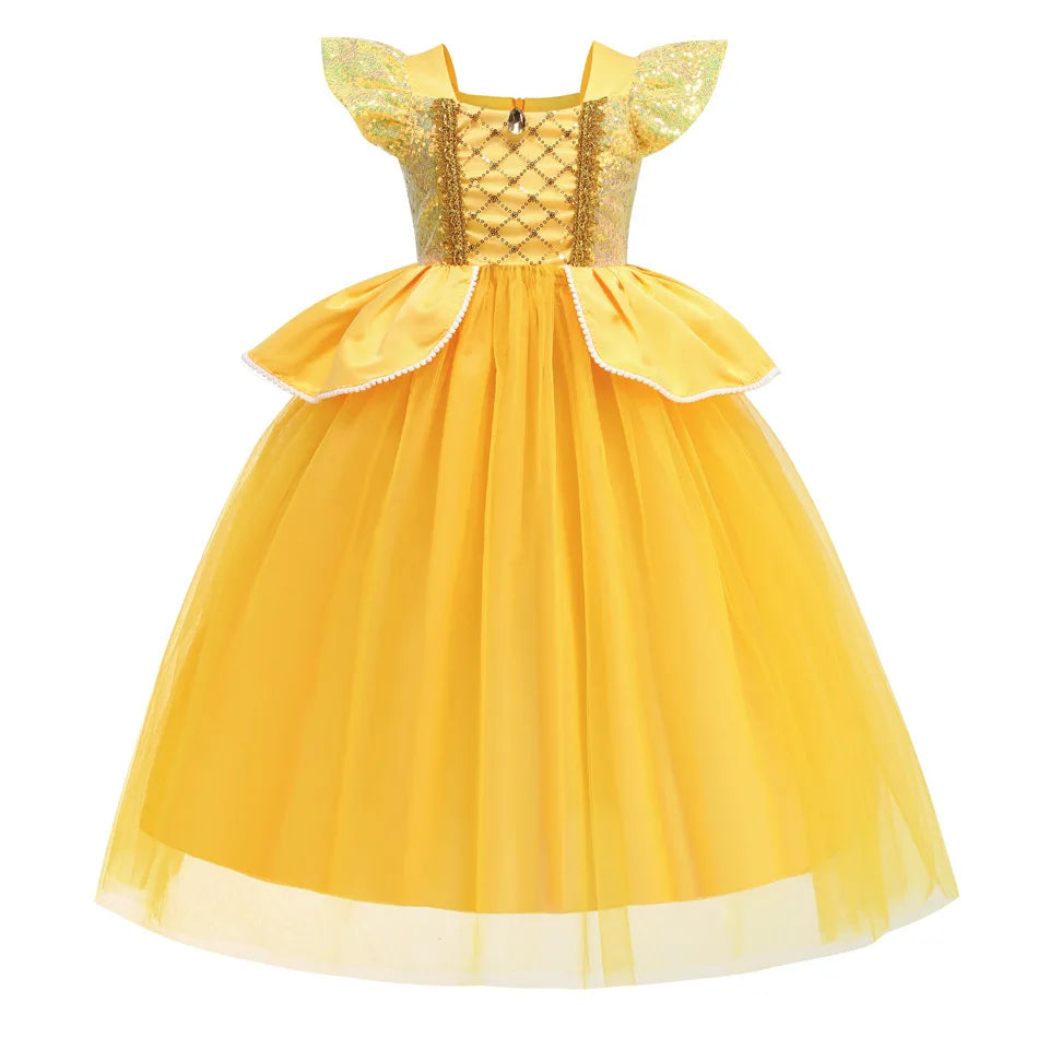 Vestidos de Princesa Disney para Meninas Fantasia de Festa da Bela Roupa de Flores para Crianças de Halloween Aniversário Fantasia da Bela e a Fera