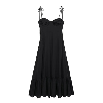Summer New Woman Dress Spaghetti Strap Sleeveless Backless Lace-Up Zipper Pleats Sweet Beach Style Female Long Dresses