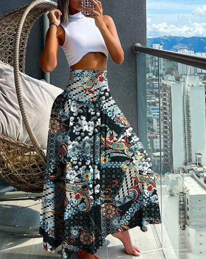 Fashion Cotton Women Floral Print Skirt Side Tie Beach Skirts Summer High Waist Wrap Flower Long Skirt