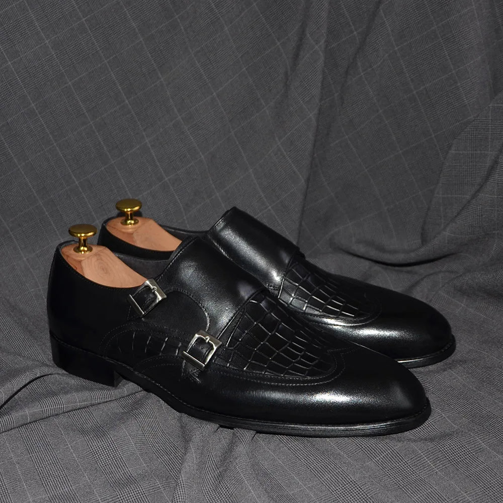 Classic Men's Genuine Leather Dress Shoes Double Buckle Monk Strap Wingtip Crocodile Print Business Office Formal Footwear Man