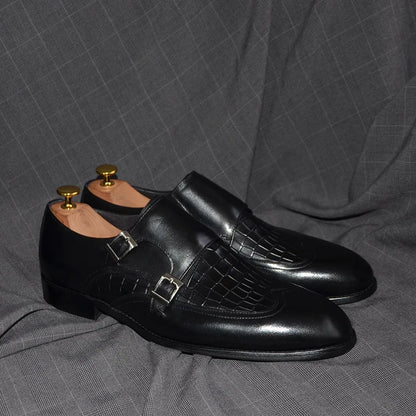 Classic Men's Genuine Leather Dress Shoes Double Buckle Monk Strap Wingtip Crocodile Print Business Office Formal Footwear Man