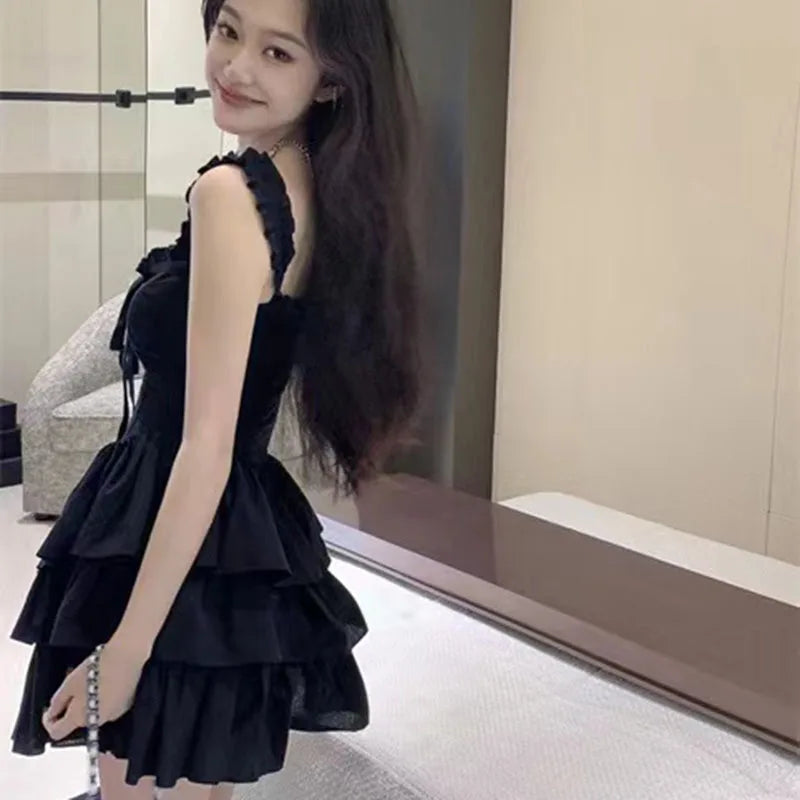 Gothic Black Sexy Slip Dress Y2K Harajuku Streetwear Punk Lace Up Cake Dress Female Summer Korean Fashion Party Ruffles Dresses