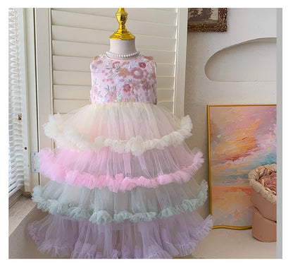 Vestido Regata para Meninas Verão 2025 Novo Vestido Elegante de Malha com Babados para Meninas Vestido Princesa Roupa Infantil de Fada