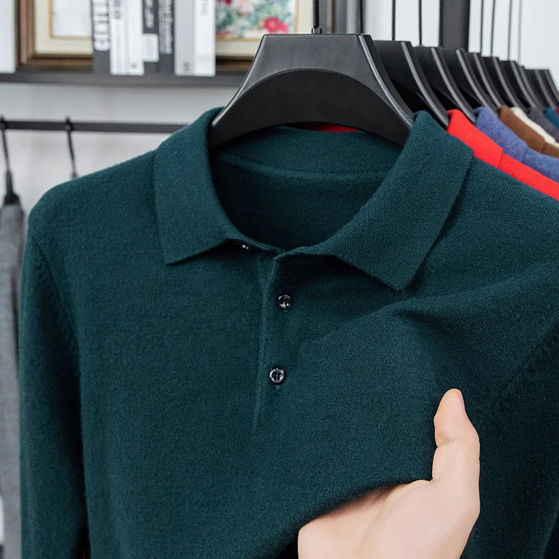 Original Quality Men's Polo Shirt Exquisite Simple Long Sleeve Knitted Lapel Sweater Autumn Winter Business Casual Menswear Top