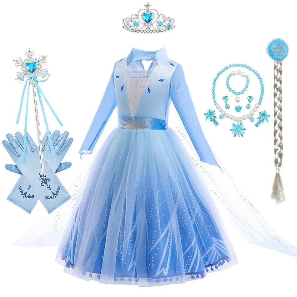Halloween Girls Elsa Dress With Floor Length Cloak Child Long Sleeve Print Princess Frocks Kids Carnival Party Elegant Gown