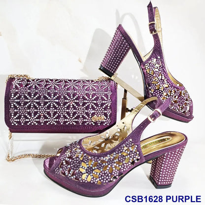 New Italian Design Open Toe Women High Heels for 2025 Elegant Party Wine Color Diamond Pumps Shoes and Bags Matching Set