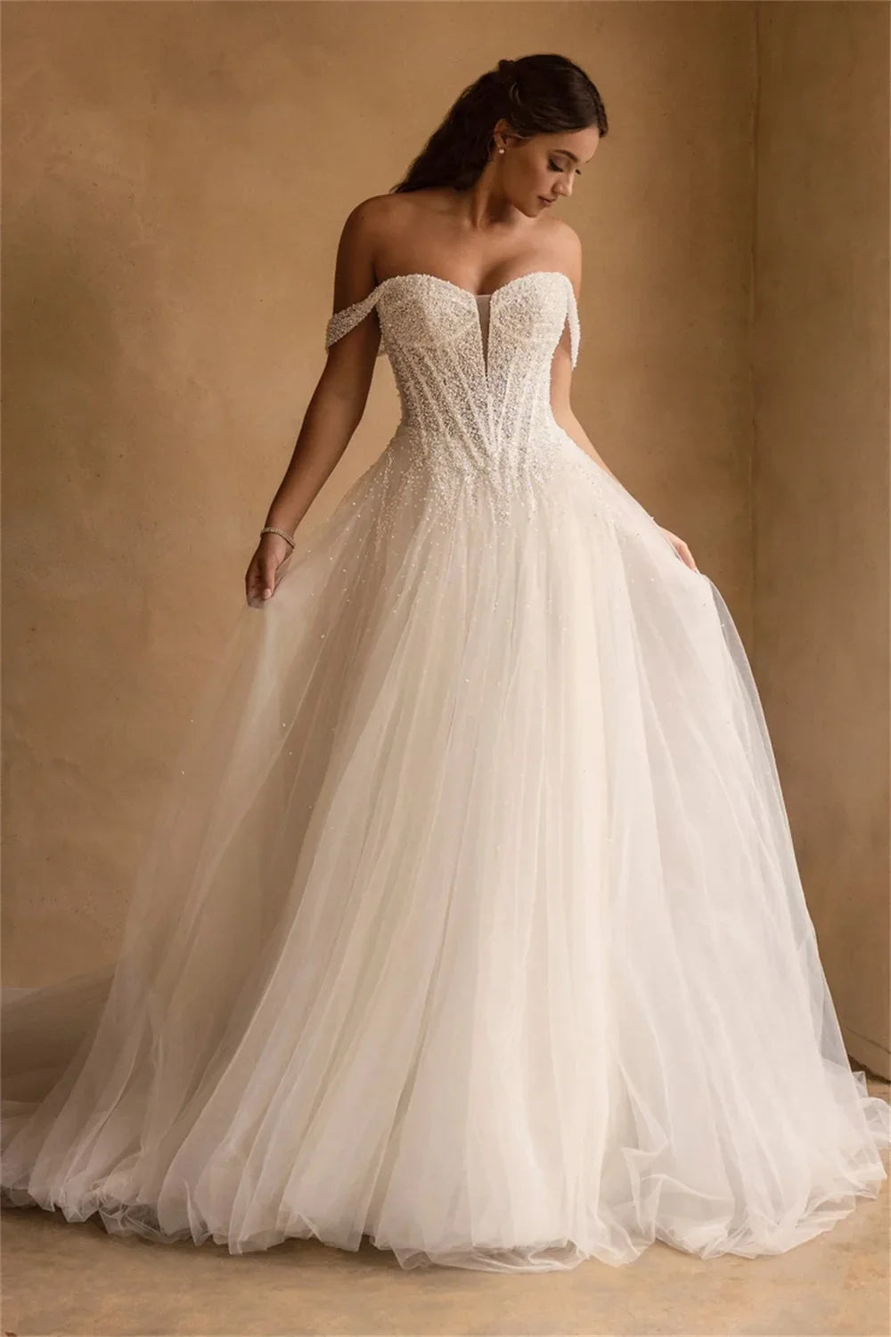 Shiny Beaded Sequined Sweetheart Tulle A Line Wedding Dresses Custom Made Bridal Grown 2025 Vestido De Noival