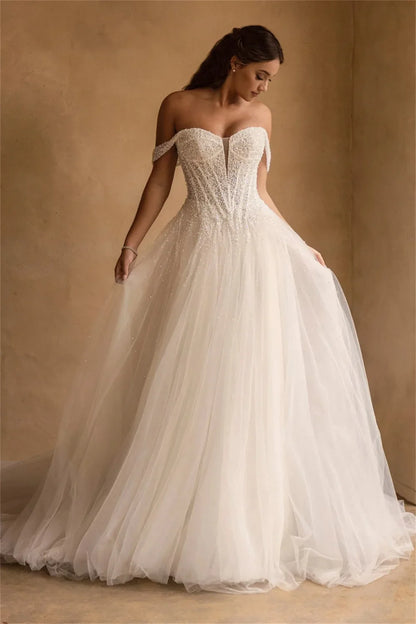 Shiny Beaded Sequined Sweetheart Tulle A Line Wedding Dresses Custom Made Bridal Grown 2025 Vestido De Noival