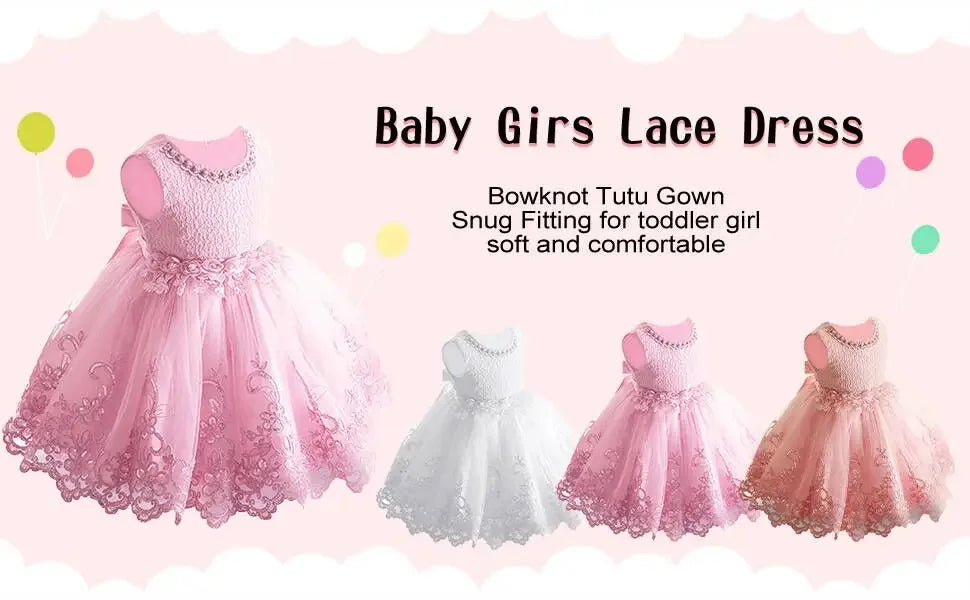 Baby Lace Wedding Dress Flower Girl Sleeveless Pearl Princess Dresses Infant 1st Birthday Party Costume Summer Kids Formal Gown