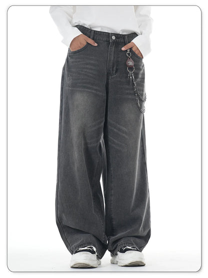 American Retro Washed Gray Baggy Straight Wide Leg Jeans Men's Business Casual Baggy Four Season Denim Pants Unisex Clothes