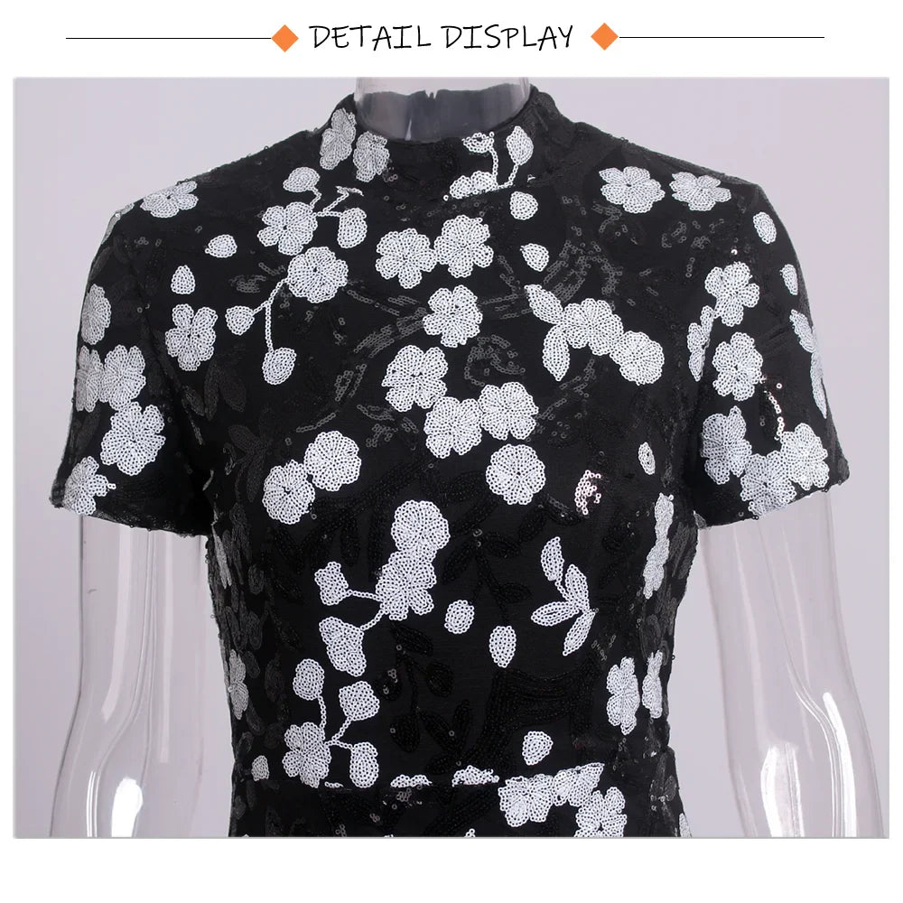 O Neck Short Sleeve Graduation Dresses Flowers Sequined Long Bodycon Stretchy Women Evening Dress Summer 2025