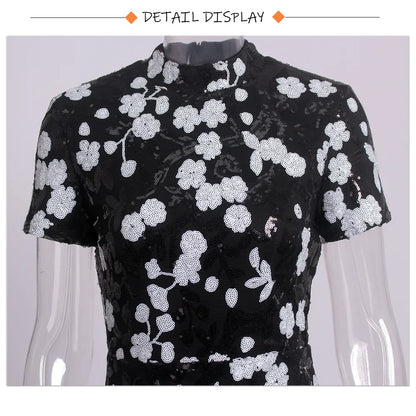 O Neck Short Sleeve Graduation Dresses Flowers Sequined Long Bodycon Stretchy Women Evening Dress Summer 2025