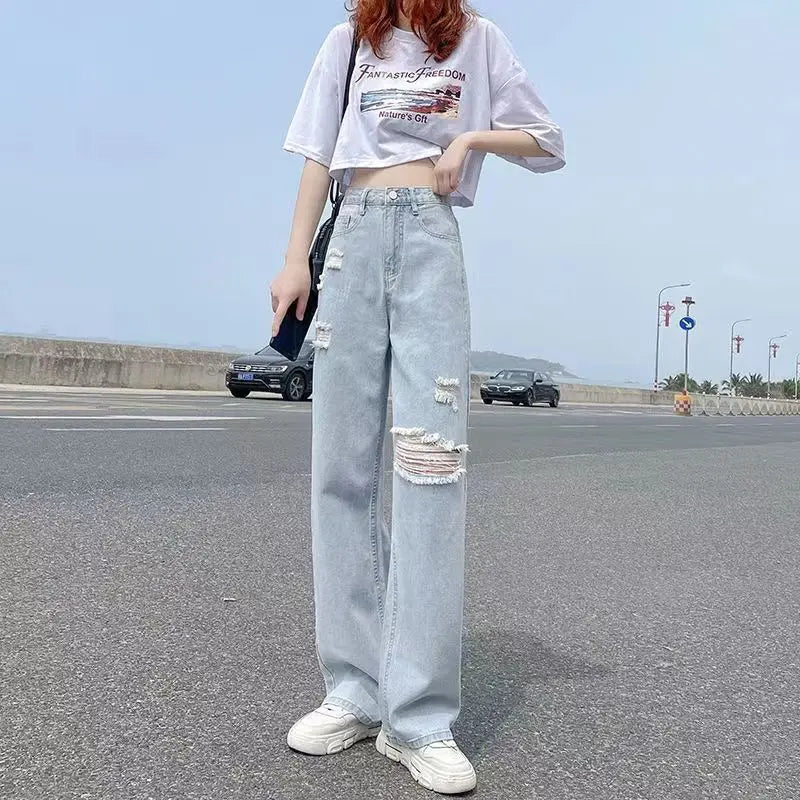 Calça Jeans Feminina Cintura Alta Primavera Verão Fina Reta Solta 2022 Nova Moda Casual Fina Perna Larga