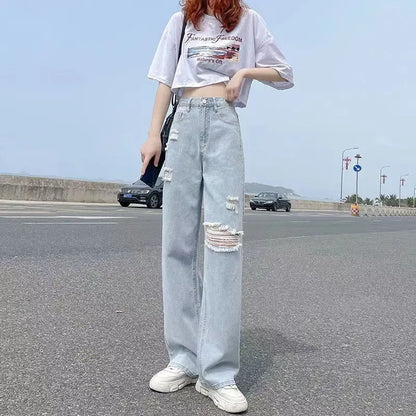 Calça Jeans Feminina Cintura Alta Primavera Verão Fina Reta Solta 2022 Nova Moda Casual Fina Perna Larga