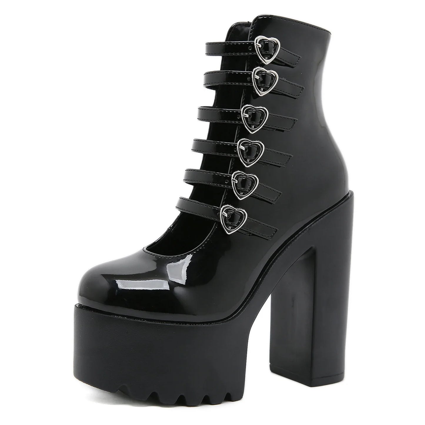 Block Heels Pumps for Women Fashion Multi Buckle Strap Heart Design Dress Shoes Side Zipper High Heels Mary Jane Shoes