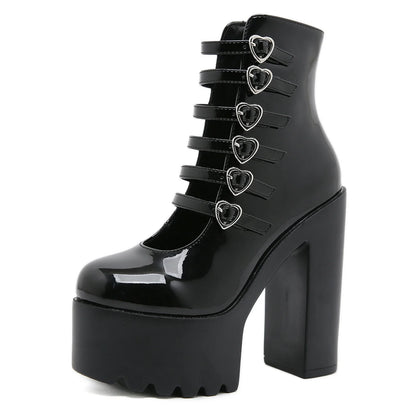 Block Heels Pumps for Women Fashion Multi Buckle Strap Heart Design Dress Shoes Side Zipper High Heels Mary Jane Shoes