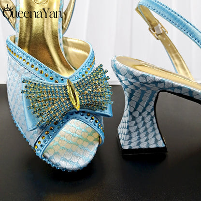 Sky Blue Color Party Peep Toe High Heels and Handbag  Set With Striped and Rhinestone Decoration Design