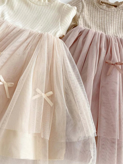 Autumn and Winter Fashion Toddler Girls Long Sleeve Mesh dress Pit Strip Ear Edge Bow Mesh Autumn and Winter dress Princess Gift