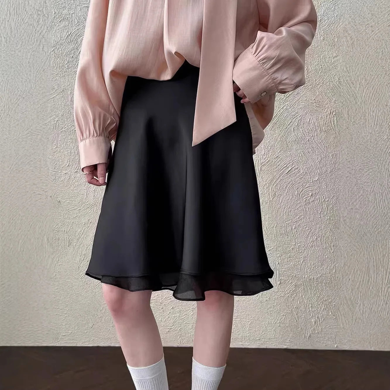 Elegant Satin Women Skirts Solid Zipper Faldas Mujer Ladies Double-layer Casual Chic Black White Dot Mini Skirt Korean Summer