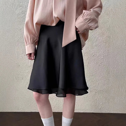 Elegant Satin Women Skirts Solid Zipper Faldas Mujer Ladies Double-layer Casual Chic Black White Dot Mini Skirt Korean Summer