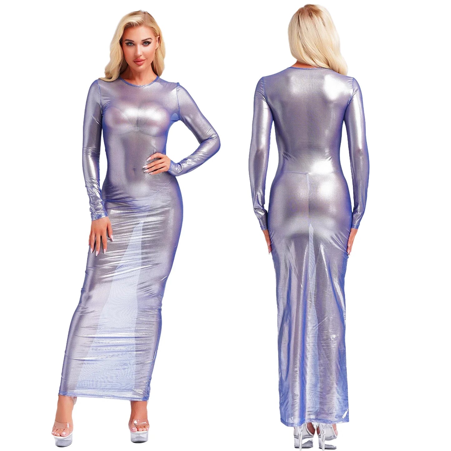 Womens Shiny Metallic Sheer Long Dress See Through Long Sleeve Bodycon Maxi Dress Cover Ups Rave Party Night Club Wear Underwear