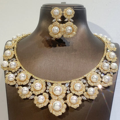High Quality Zircon Pearls Jewelry sets Luxury Designer Flower Necklace Women Sparkling Dubai Bridal Party Costume Accessories
