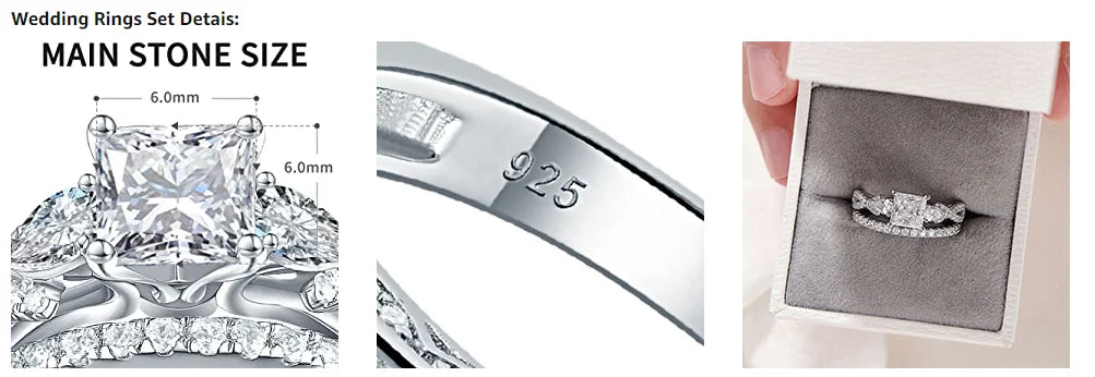 Conjunto de 2 Anéis de Casamento em Prata Esterlina 925 1,7 Ct com Zircônias Cúbicas AAAAA de Corte Princesa e Pera Anéis de Noivado para Mulheres Joias da Moda