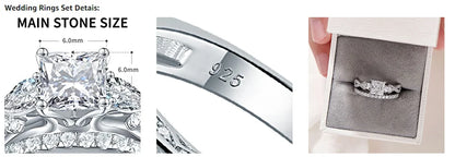 Conjunto de 2 Anéis de Casamento em Prata Esterlina 925 1,7 Ct com Zircônias Cúbicas AAAAA de Corte Princesa e Pera Anéis de Noivado para Mulheres Joias da Moda