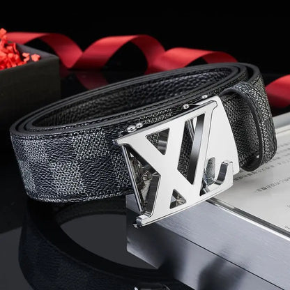 Men's fashion automatic buckle belt with checkered pattern strap, suitable for casual, business, and daily commuting