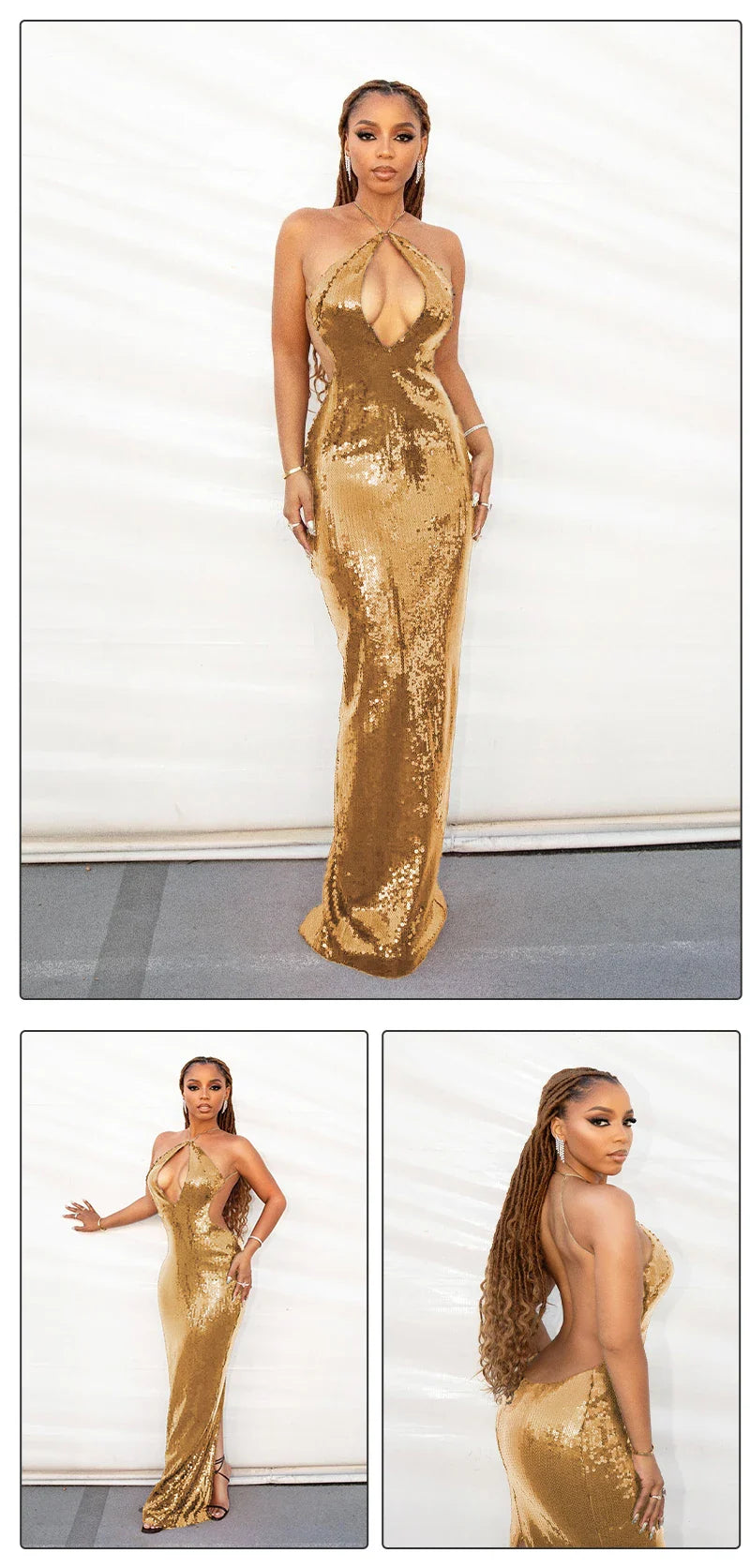 Women'S Gold Sequins Luxury Party Gown Sexy Backless  Long Dress For Wedding Banquet Party Female Clothing