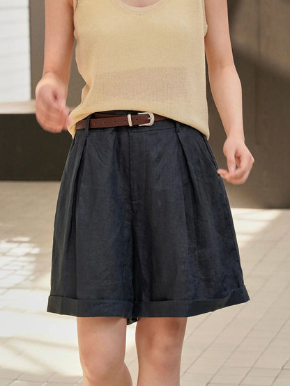 Summer Korea Style Lazy Linen Curled Bermuda Shorts Wide Leg Loose Slim Casual Hot Pants For Women