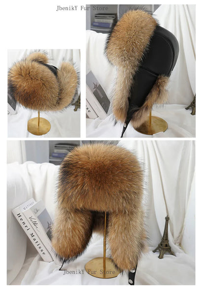 2025 Cap 100% Raccoon Dog Full Fur Fox Fur Hat Men's Fur Ear Protection Winter Thickened and Warm Russian Hat Men's Trend