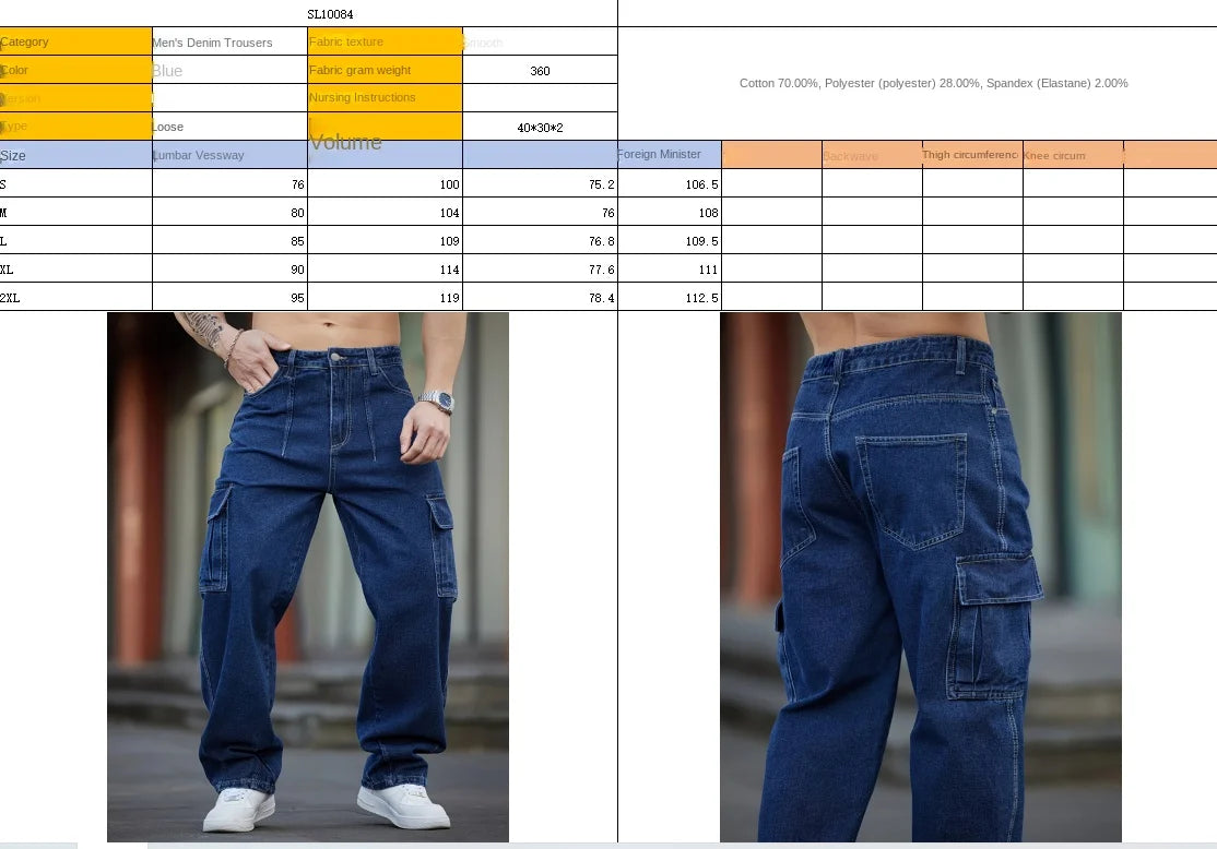 Men's Deep Blue Washed Denim Workwear Jeans Casual Multiple Pockets Design Loose Wide Leg Trousers Y2K Style Cargo Pants