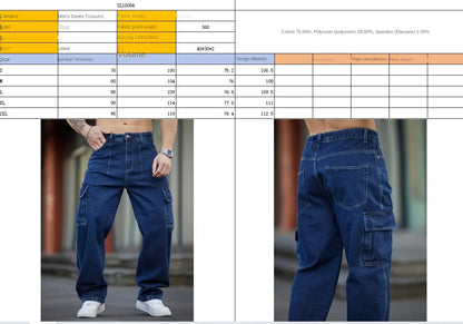 Men's Deep Blue Washed Denim Workwear Jeans Casual Multiple Pockets Design Loose Wide Leg Trousers Y2K Style Cargo Pants