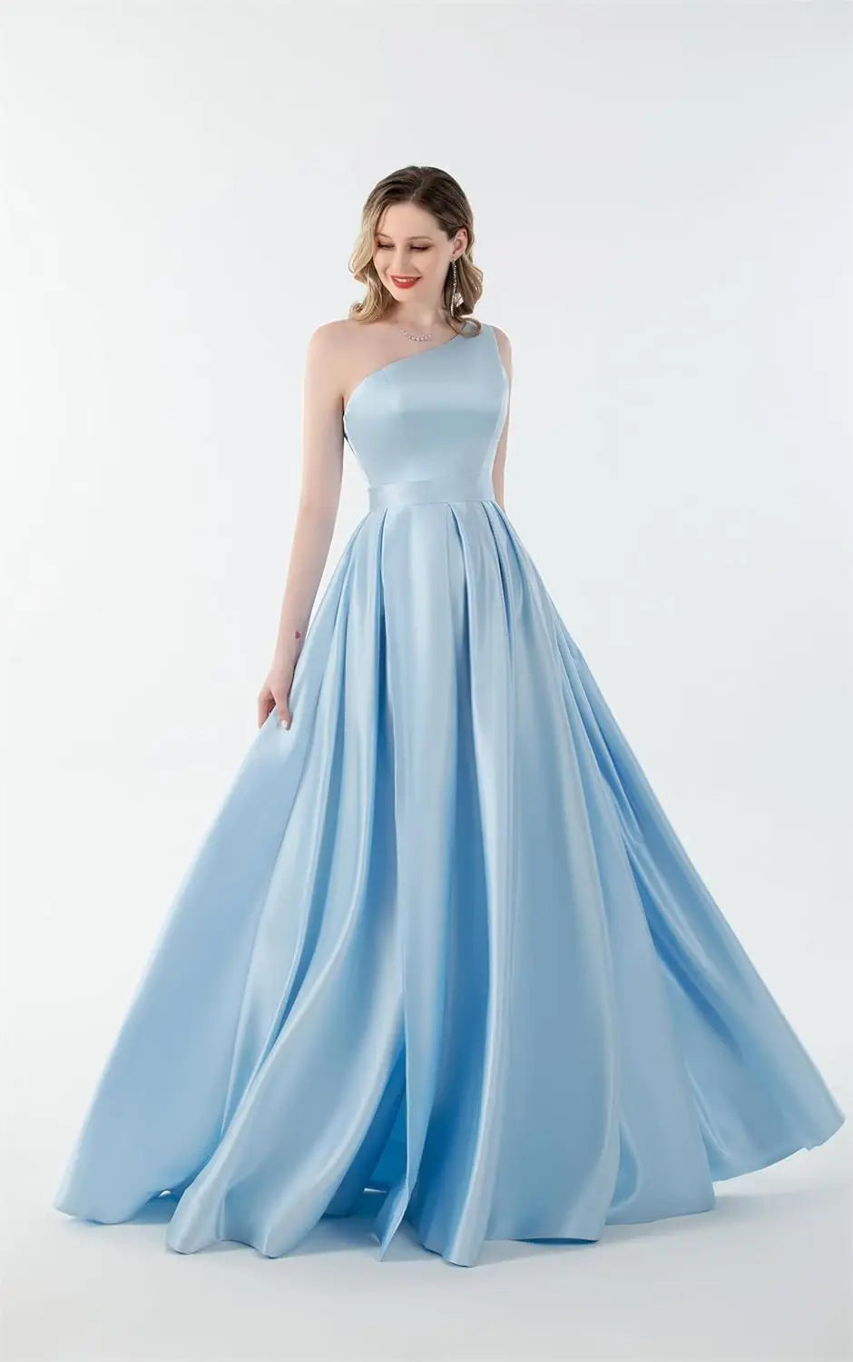 Women's One Shoulder Prom Dresses with Pocket High Slit Pleated Satin Corset Formal Gowns Evening Dress A Line Bridesmaid Gown
