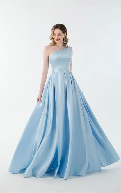Women's One Shoulder Prom Dresses with Pocket High Slit Pleated Satin Corset Formal Gowns Evening Dress A Line Bridesmaid Gown